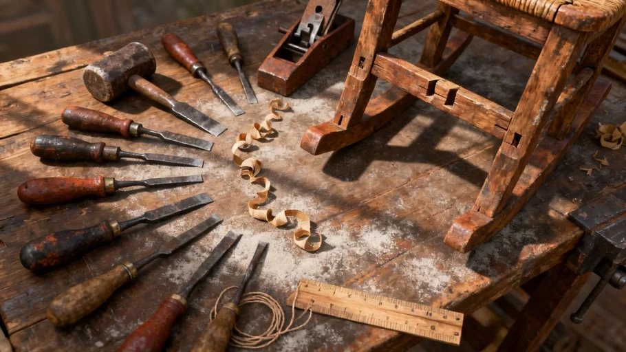 Herramientas tradicionales de carpintería sobre banco de trabajo